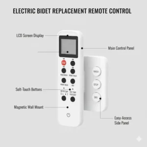 Electronic bidet remote control and side panel interface for smart bidet replacement parts upgrades.