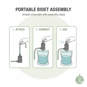 Schematic drawing showing the quick assembly and setup process for the best camping bidet system.