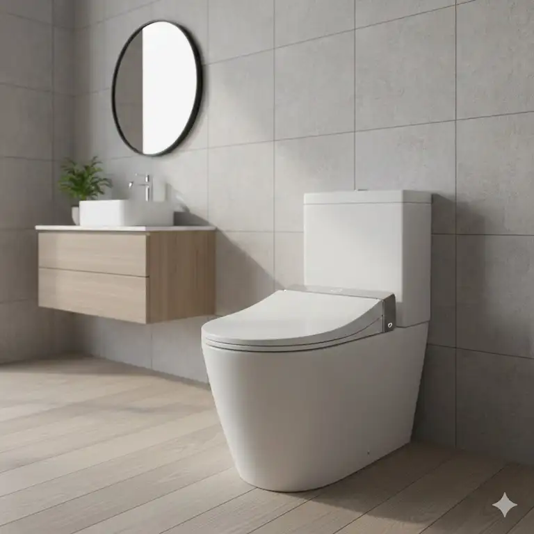 Modern bathroom interior showing a premium battery powered bidet seat installed on a white toilet