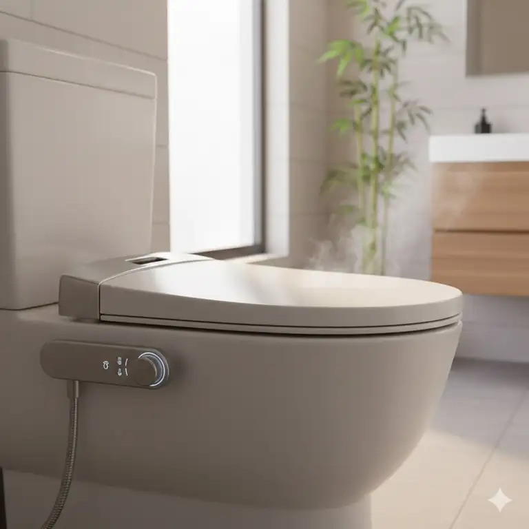 A luxury bathroom setup featuring a modern bidet attachment dryer installed on a ceramic toilet.