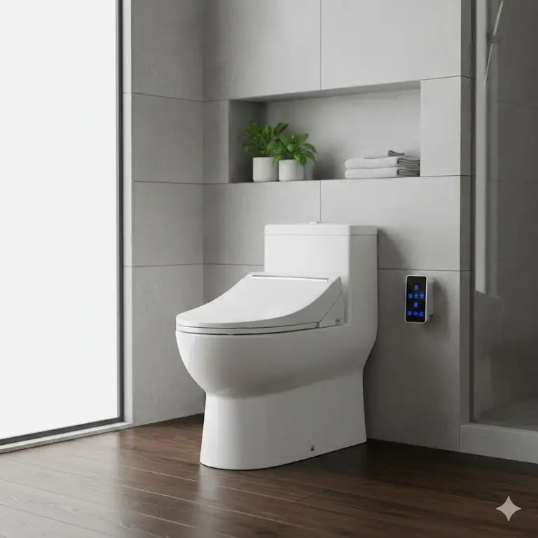 A luxury modern bathroom featuring an electronic bidet seat dryer installed on a white toilet.