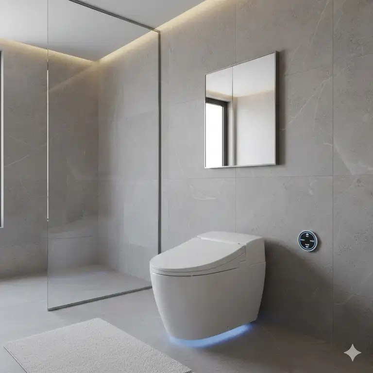 A luxury modern bathroom featuring a high-tech bidet toilet with dryer and heated seat installed against a stone wall.
