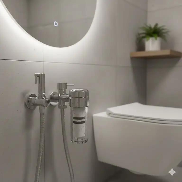 A high-quality universal bidet filter attached to a chrome bathroom T-valve.