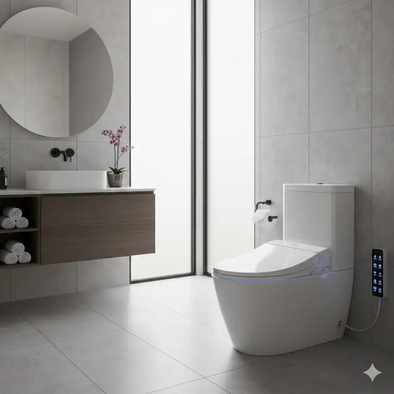 A luxury bathroom setting featuring a modern toto toilet with heated seat and bidet for ultimate comfort.