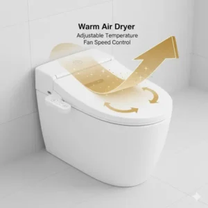 A technical diagram illustrating the adjustable warm airflow direction of a bidet seat dryer.