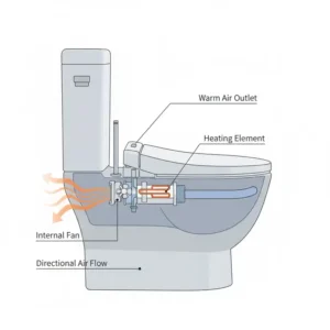 Technical diagram showing the internal warm airflow of a bidet attachment dryer for effective drying.