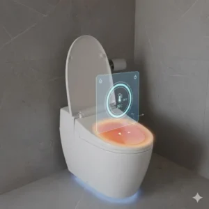 A detailed view of the temperature-controlled seat on a premium bidet toilet with dryer and heated seat.
