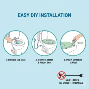 A step-by-step guide showing how to install a battery operated bidet toilet seat without needing an electrical outlet.