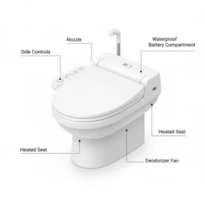 Detailed illustration of the various functions and buttons on a battery powered bidet seat.