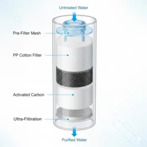 A detailed cross-section diagram showing the internal filtration layers of a bidet filter