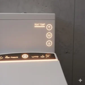 Close-up of the temperature adjustment buttons on a bidet toilet seat warmer.