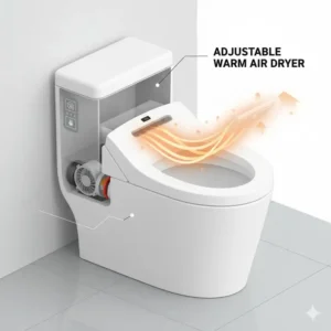 Detailed illustration of the adjustable warm air flow mechanism in a modern bidet toilet with dryer.