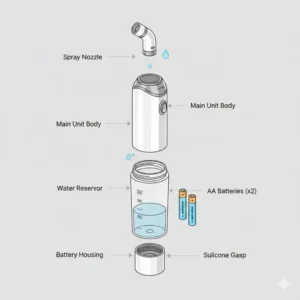 A detailed parts diagram of a battery operated bidet showing the nozzle and internal water tank.