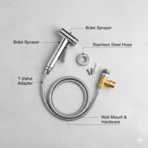 Components of the best handheld bidet sprayer for toilet including the T-valve, hose, and bracket.