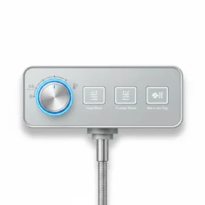 Close-up of the side control interface of a bidet attachment dryer with temperature settings.