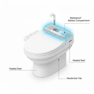 Technical diagram showing the location of the waterproof battery compartment in a battery powered bidet seat.
