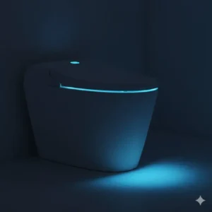 An illuminated LED night light feature on a bidet toilet seat warmer in a dark bathroom.