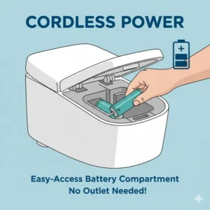 Close-up view of the internal power source and battery housing of a battery operated bidet toilet seat.