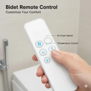 Close-up of a handheld remote control showing the dedicated buttons for a bidet seat dryer.