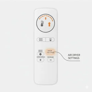 Close-up of the wireless remote control interface used to operate a bidet toilet with dryer.