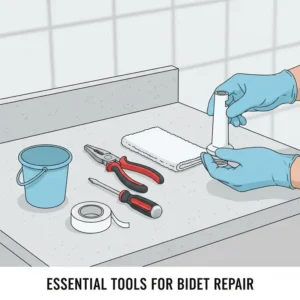 Essential plumbing tools laid out on a bathroom floor for a bidet nozzle replacement.