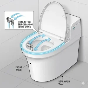 Illustration showing the self-cleaning dual-action spray wand of a toto toilet with heated seat and bidet.