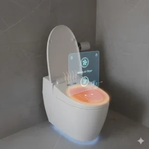 An infographic showing the warm air drying function of a modern bidet toilet with dryer and heated seat.