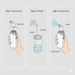 Step-by-step instructions on how to properly operate a handheld battery operated bidet for personal hygiene.