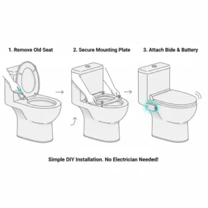 Step-by-step DIY installation process for a cordless battery powered bidet seat without electrical wiring.