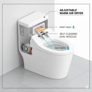 Technical diagram showing the self-cleaning nozzle and drying vent of a bidet toilet with dryer.