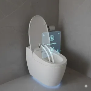 Technical drawing of the dual cleaning nozzles inside a bidet toilet with dryer and heated seat.