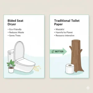 An educational graphic comparing traditional toilet paper usage to the eco-friendly bidet seat dryer.