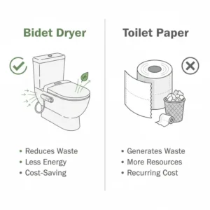 Comparison infographic between using toilet paper and an eco-friendly bidet attachment dryer.