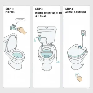 A step-by-step diagram showing how to install a bidet toilet seat warmer on a toilet.