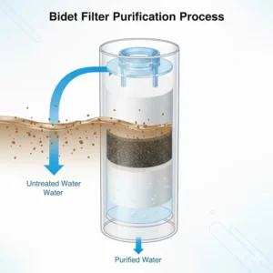 Illustration of the water purification process through a multi-stage bidet filter.