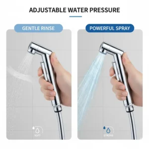Demonstrating the adjustable water pressure of the best handheld bidet sprayer for toilet for personal hygiene.