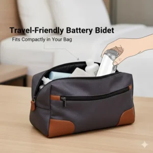 A compact battery operated bidet stored inside a small travel bag to demonstrate portability