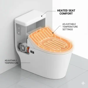 Visual representation of the temperature-controlled heated seat on a luxury bidet toilet with dryer.