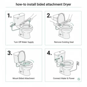 Step-by-step DIY installation process for a standard bidet attachment dryer in a home bathroom.