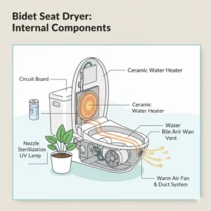 Internal view showing the heating element and fan system inside a high-quality bidet seat dryer.