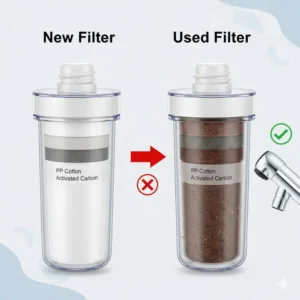 Visual comparison between a clean new bidet filter and a used dirty bidet filter.