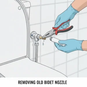 Hands carefully removing the old spray head during a DIY bidet nozzle replacement.