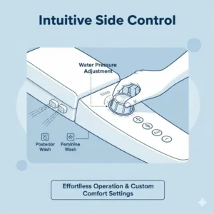 An intuitive side control knob used to manage the functions of a battery operated bidet toilet seat.