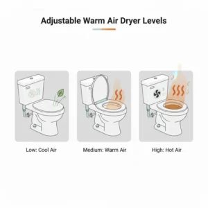 Illustration of the three adjustable warm air levels provided by the bidet attachment dryer.
