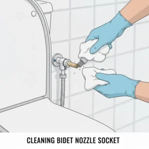 Cleaning the internal spray arm unit before finishing the bidet nozzle replacement.