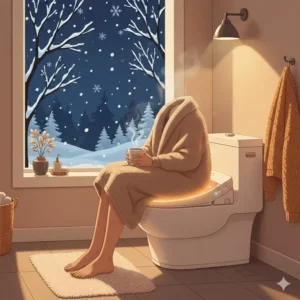 A cozy bathroom scene showing the comfort of using a bidet toilet seat warmer during winter.