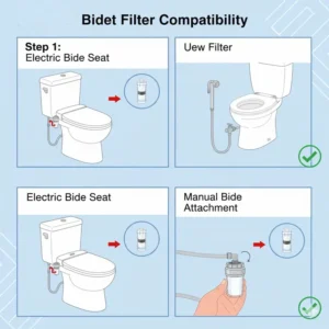 Diagram showing the universal compatibility of the bidet filter with various toilet models.
