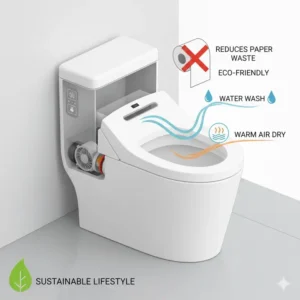 Conceptual graphic highlighting the environmental benefits and paper saving of using a bidet toilet with dryer.
