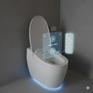 A bathroom at night showing the glowing LED nightlight of a bidet toilet with dryer and heated seat.