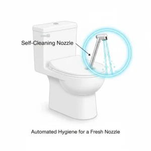 Illustration of the automated self-cleaning nozzle technology inside a battery powered bidet seat.